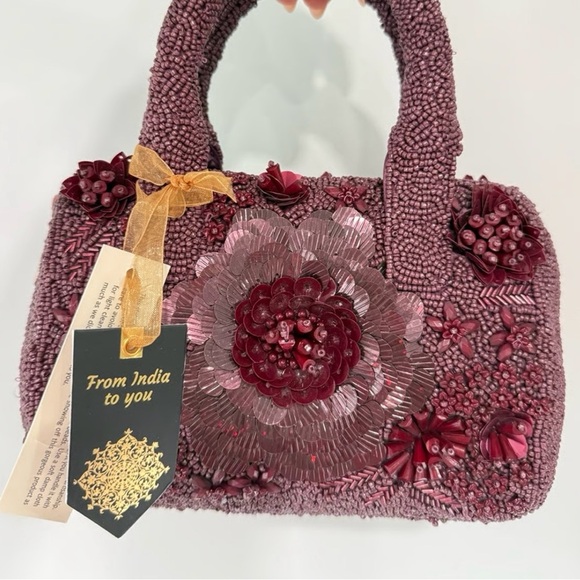 🖤🖤MADE IN INDIA GORGEOUS WINE/BURGUNDY  HANDCRAFTED BEADED BAG🖤🖤NWT - Picture 1 of 14